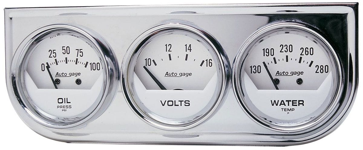 AUTOMETER 2-1/16", Mechanical, White Dial, Oil Pressure, Water Temperature, Vol Auto gage Three-Gauge Chrome Console AU2325 Autofit