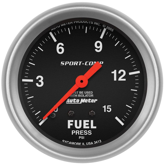 AUTOMETER 2-5/8", Full Sweep Mechanical, With Isolator, 0-15 psi Sport-Comp Series Fuel Pressure Gauge AU3413 Autofit