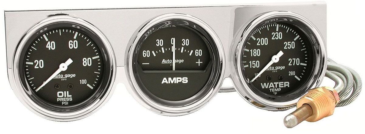 AUTOMETER 2-5/8", Mechanical, Oil Pressure, Water Temperature, Ammeter Auto gage Three-Gauge Chrome Console AU2395 Autofit