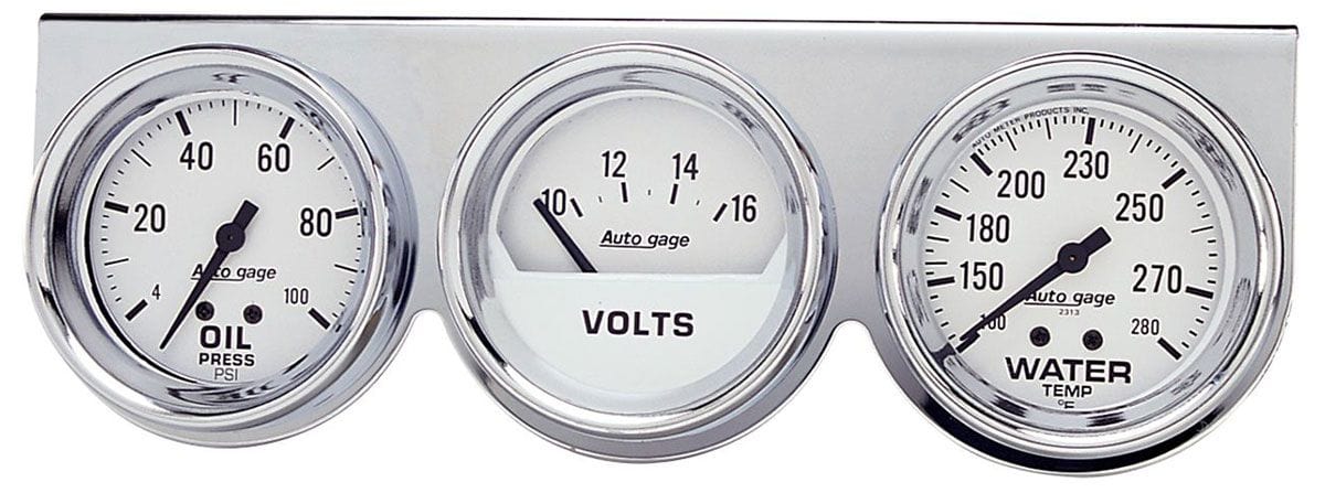 AUTOMETER 2-5/8", Mechanical, White Dial, Oil Pressure, Water Temperature, Volt Auto gage Three-Gauge Chrome Console AU2329 Autofit