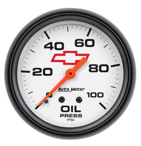 AUTOMETER 2-5/8", White Dial, Full Sweep Mechanical, 0-100 psi Chev Bow-Tie Oil Pressure Gauge AU5821-00406 Autofit