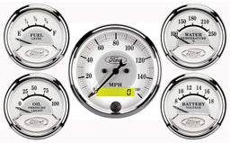 AUTOMETER 3-1/8" Elect Speedo, 2-1/16" Oil Press, Water Temp, Fuel Level, Voltm Ford White Masterpiece 5 Piece Gauge Kit AU880087 Autofit