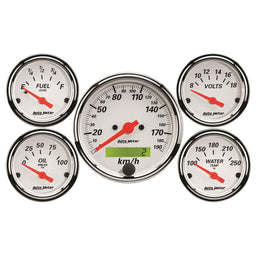 AUTOMETER 3-1/8" Metric Elect Speedo, 2-1/16"; Water Temp, Oil Press, Fuel Leve Arctic White 5 Gauge Kit AU1302-M Autofit
