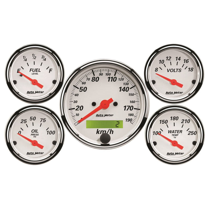 AUTOMETER 3-1/8" Metric Elect Speedo, 2-1/16"; Water Temp, Oil Press, Fuel Leve Arctic White 5 Gauge Kit AU1302-M Autofit