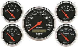 AUTOMETER 3-1/8" Metric Elect Speedo, 2-1/16"; Water Temp, Oil Press, Fuel Leve Designer Black Series 5 Gauge Kit AU1421-M Autofit