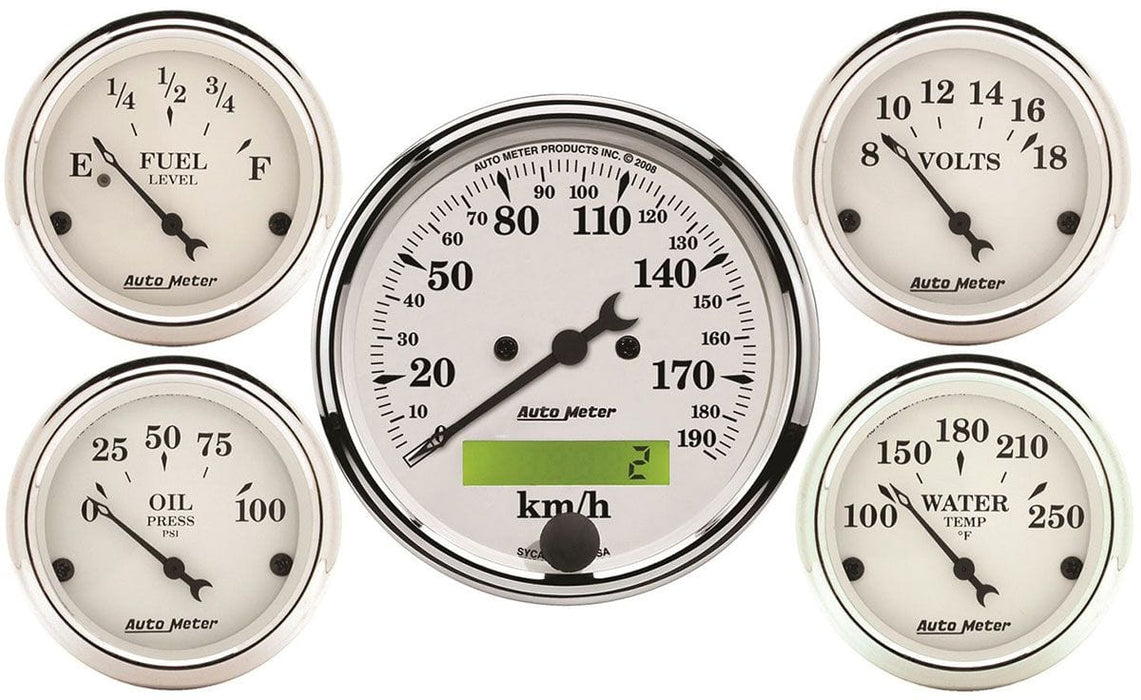 AUTOMETER 3-1/8" Metric Elect Speedo, 2-1/16"; Water Temp, Oil Press, Fuel Leve Old Tyme White 5 Gauge Kit AU1602-M Autofit