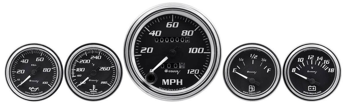 AUTOMETER 3-3/8" 0-120 mph Speedometer, 2" Fuel Level, Water Temperature, Oil P Equus 5 Gauge Black Face Kit AUE7500 Autofit