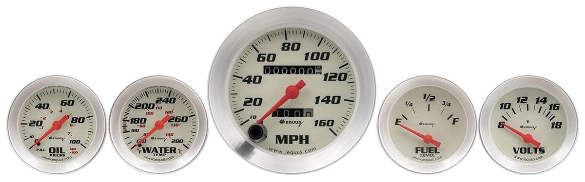 AUTOMETER 3-3/8" 0-120 mph Speedometer, 2" Fuel Level, Water Temperature, Oil P Equus 5 Gauge White Face Kit AUE8500 Autofit