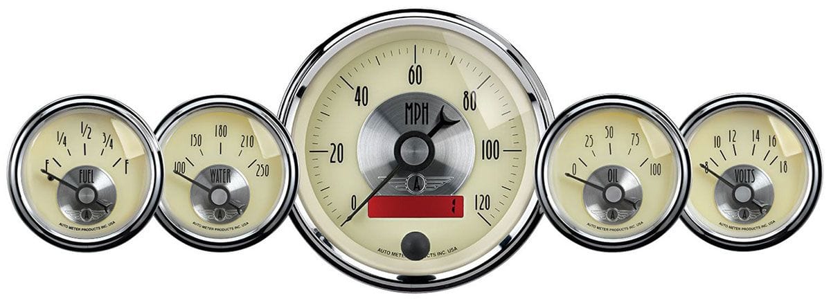 AUTOMETER 3-3/8", Elec Speedometer (LCD Trip), 2-1/16" Fuel Level, Water Temper Prestige Series - Antique Ivory Gauge Kit AU2000 Autofit