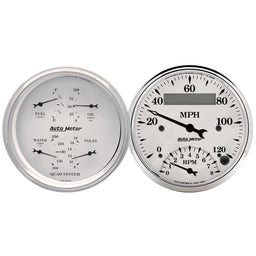AUTOMETER 3-3/8', Tacho/Speedo, Fuel Level, Water Temperature, Oil Pressure, Vo Old Tyme White Quad Gauge Tach/Speedometer AU1620 Autofit