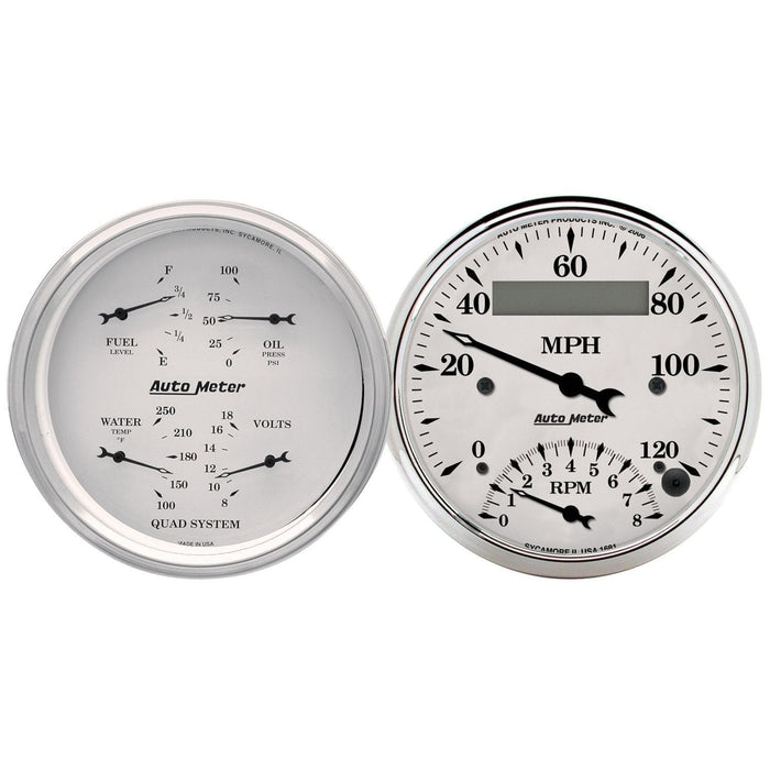AUTOMETER 3-3/8', Tacho/Speedo, Fuel Level, Water Temperature, Oil Pressure, Vo Old Tyme White Quad Gauge Tach/Speedometer AU1620 Autofit