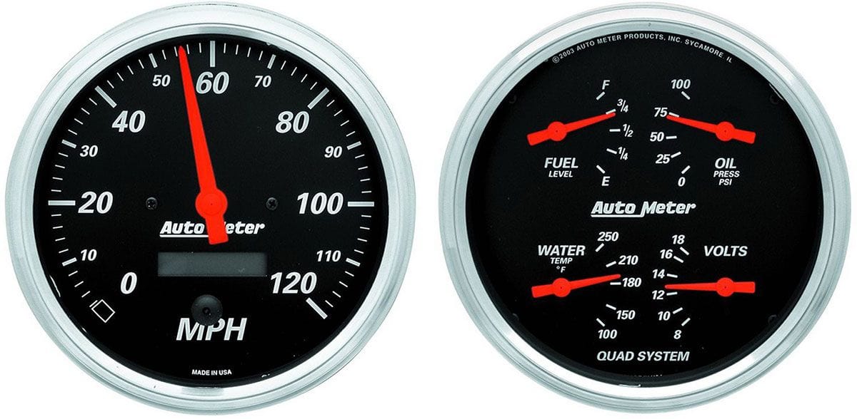AUTOMETER 5", Speedometer, Fuel Level, Water Temperature, Oil Pressure, Voltmet Designer Black Series Quad Gauge/Speedometer Kit AU1403 Autofit