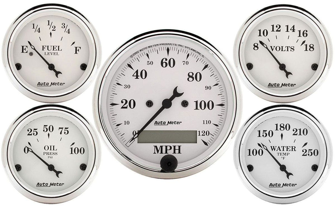 AUTOMETER Electric Speedometer, Fuel Level, Water Temperature, Oil Pressure, Vo Old Tyme White Series 5-Gauge Kit AU1602 Autofit