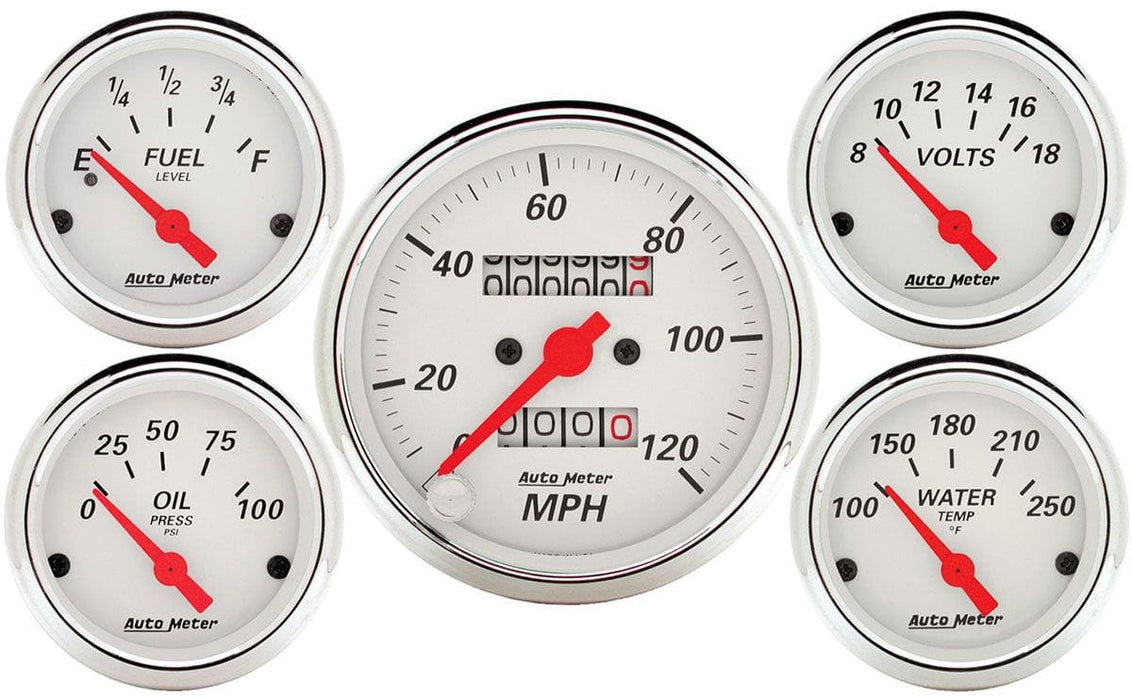 AUTOMETER Mechanical Speedometer, Fuel Level, Water Temperature, Oil Pressure, Arctic White Series 5-Gauge Kit AU1300 Autofit