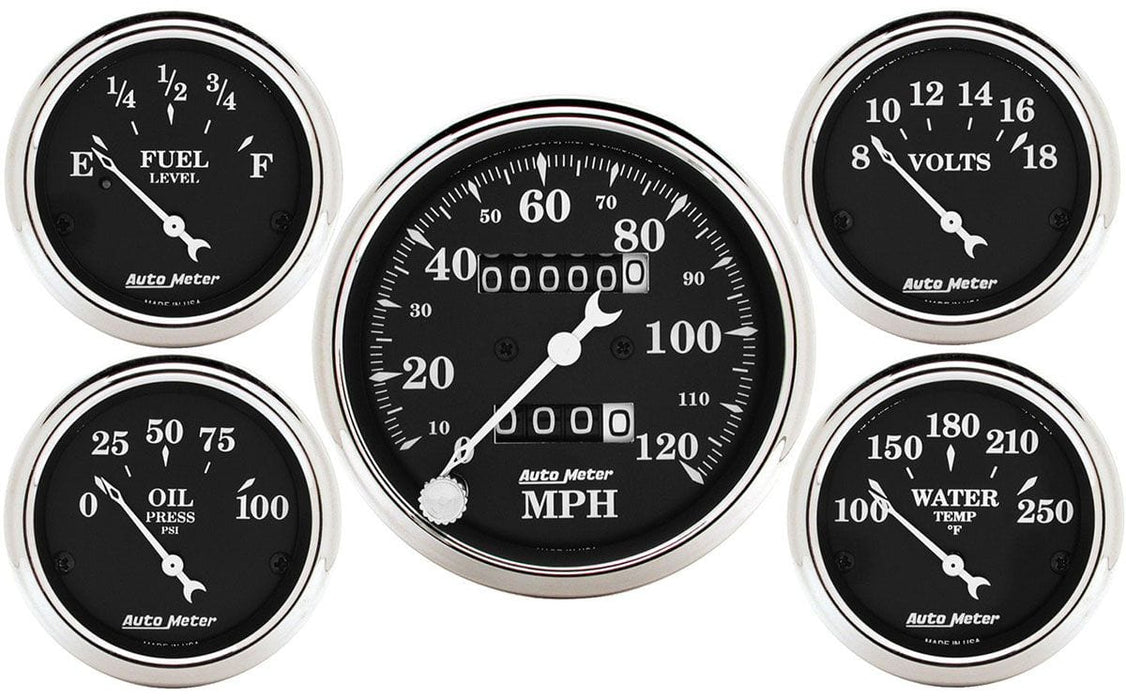 AUTOMETER Mechanical Speedometer, Fuel Level, Water Temperature, Oil Pressure, Old Tyme Black Series 5-Gauge Kit AU1708 Autofit