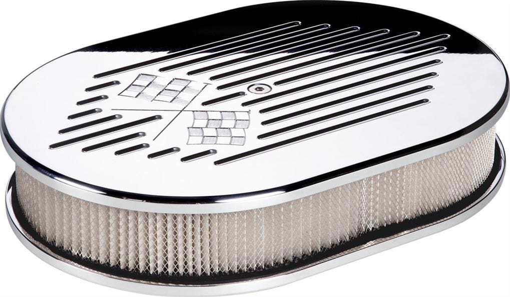 BILLET 11-7/8"L x 8-3/8"W x 3"H Polished Aluminium Small Oval Air Cleaner Assembly - Cross Flags BS15327 Autofit