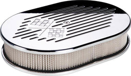 BILLET 11-7/8"L x 8-3/8"W x 3"H Polished Aluminium Small Oval Air Cleaner Assembly - Cross Flags BS15327 Autofit