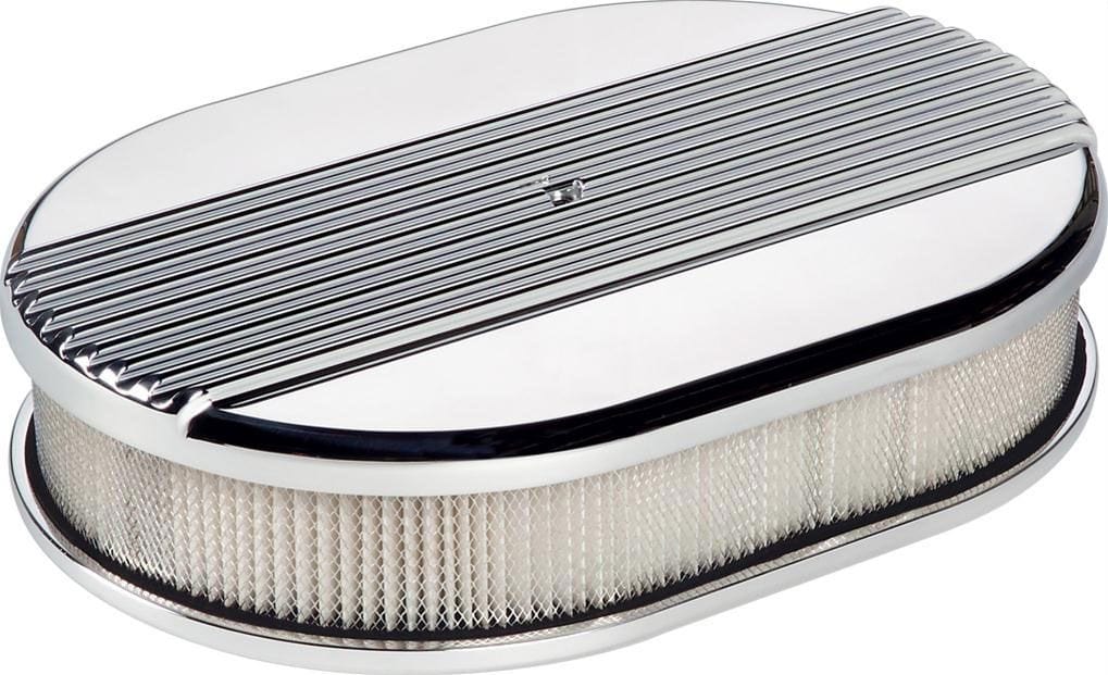 BILLET 11-7/8" x 8-3/8" x 3" Polished Aluminium Small Oval Air Cleaner Assembly - Ribbed BS15630 Autofit