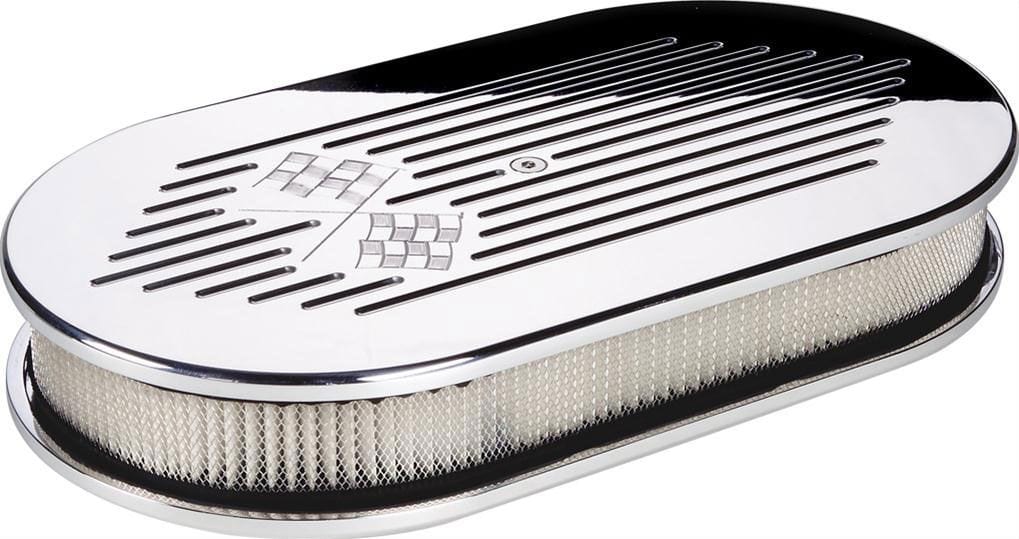 BILLET 15"L x 8-1/2"W x 3"H Polished Aluminium Large Oval Air Cleaner Assembly - Cross Flags BS15427 Autofit