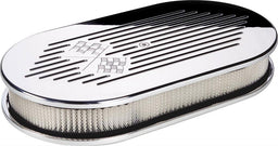 BILLET 15"L x 8-1/2"W x 3"H Polished Aluminium Large Oval Air Cleaner Assembly - Cross Flags BS15427 Autofit
