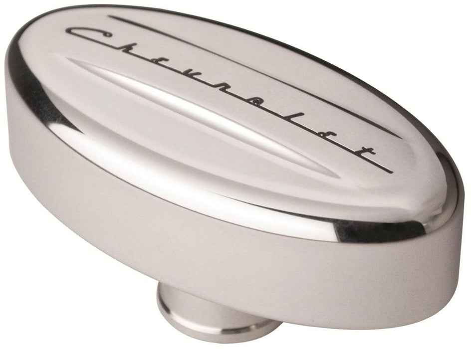 BILLET Suit Covers With 1-1/4" Hole, Grommet Included Oval Valve Cover Breather With Chevrolet Script - Polished BS20923 Autofit