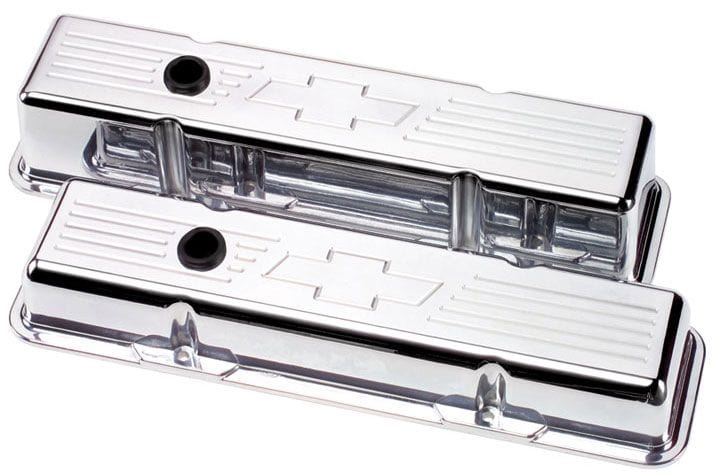 BILLET Suit SB Chev - Short Aluminium Valve Covers With Bowtie Logo - Polished BS95121 Autofit