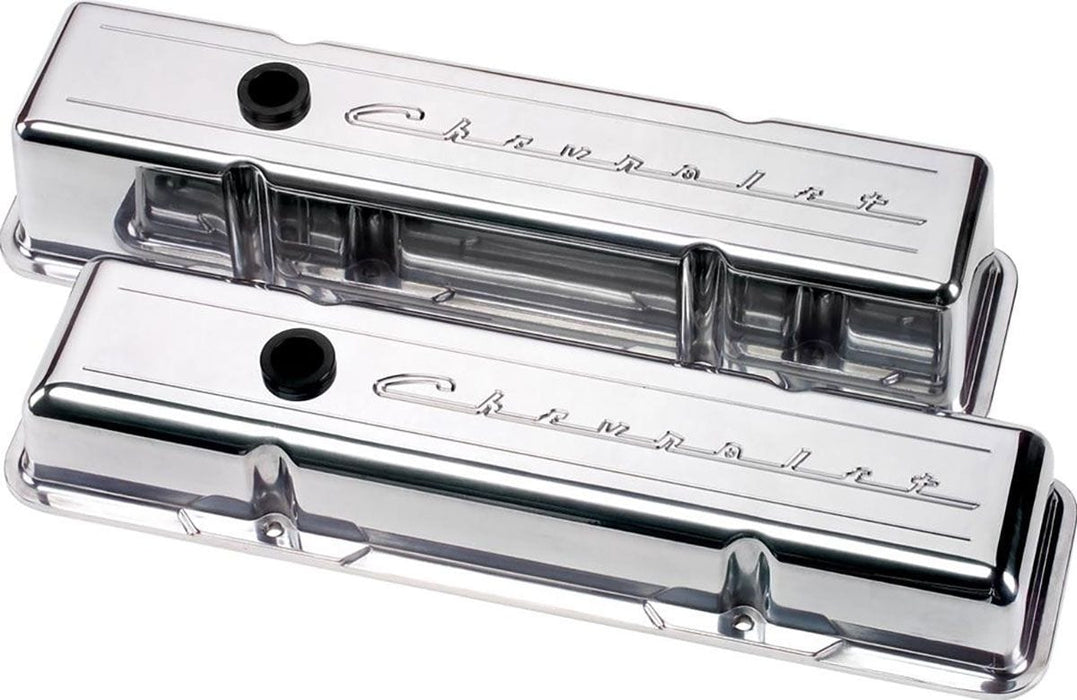 BILLET Suit SB Chev - Short Aluminium Valve Covers With Chevrolet Logo - Polished BS95123 Autofit