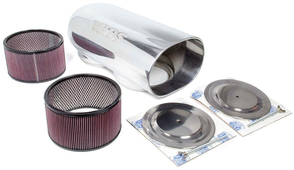 Bob Drake Dual Dominator 7-3/8" Carb Flange Scoop with Filters, Polished Autofit