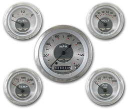CLASSIC Kit Includes 3-3/8" KPH Speedo, 8000 RPM Tacho With 2-1/8" Accessorie All American Series 5 Gauge Set With Polished Radial Bezel CIAW00SRC Autofit
