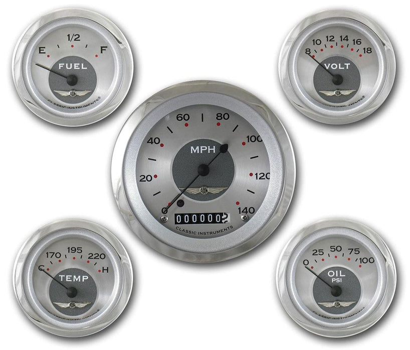 CLASSIC Kit Includes 3-3/8" KPH Speedo, 8000 RPM Tacho With 2-1/8" Accessorie All American Series 5 Gauge Set With Polished Radial Bezel CIAW00SRC Autofit