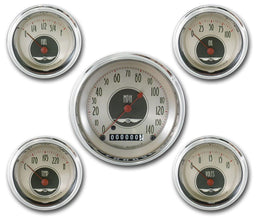 CLASSIC Kit Includes 3-3/8" KPH Speedo With 2-1/8" Accessories Gauges, Curved All American Nickel Series 5 Gauge Kit (with High Step Bezels) CIAN00SHC Autofit