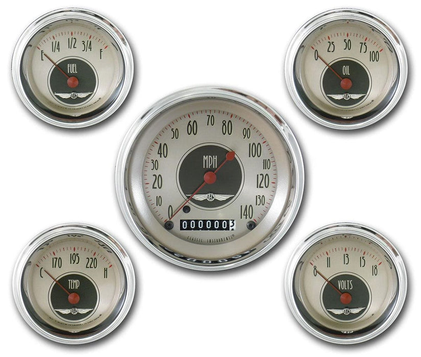 CLASSIC Kit Includes 3-3/8" KPH Speedo With 2-1/8" Accessories Gauges, Curved All American Nickel Series 5 Gauge Kit (with High Step Bezels) CIAN00SHC Autofit