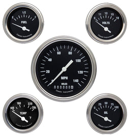 CLASSIC Kit Includes 3-3/8" KPH Speedo With 2-1/8" Accessories Gauges, Curved Classic Black Hotrod Series 5 Gauge Set CIHR00SLC Autofit