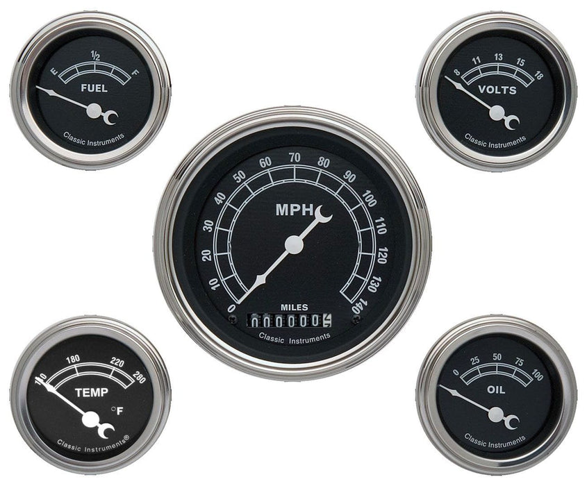 CLASSIC Kit Includes 3-3/8" KPH Speedo With 2-1/8" Accessories Gauges, Curved Traditional Black Series 5 Gauge Set CITR00SLC Autofit