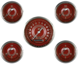 CLASSIC Kit Includes 3-3/8" KPH Speedo With 2-1/8" Accessories Gauges, Curved V8 Red Steelie 5 Gauge Set CIV8SR00SHC Autofit