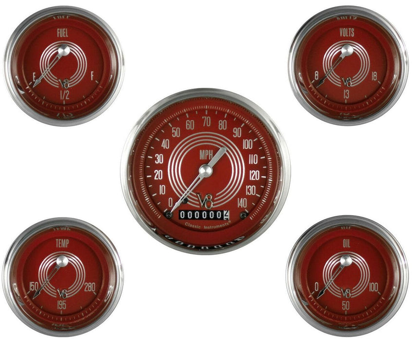 CLASSIC Kit Includes 3-3/8" KPH Speedo With 2-1/8" Accessories Gauges, Curved V8 Red Steelie 5 Gauge Set CIV8SR00SHC Autofit