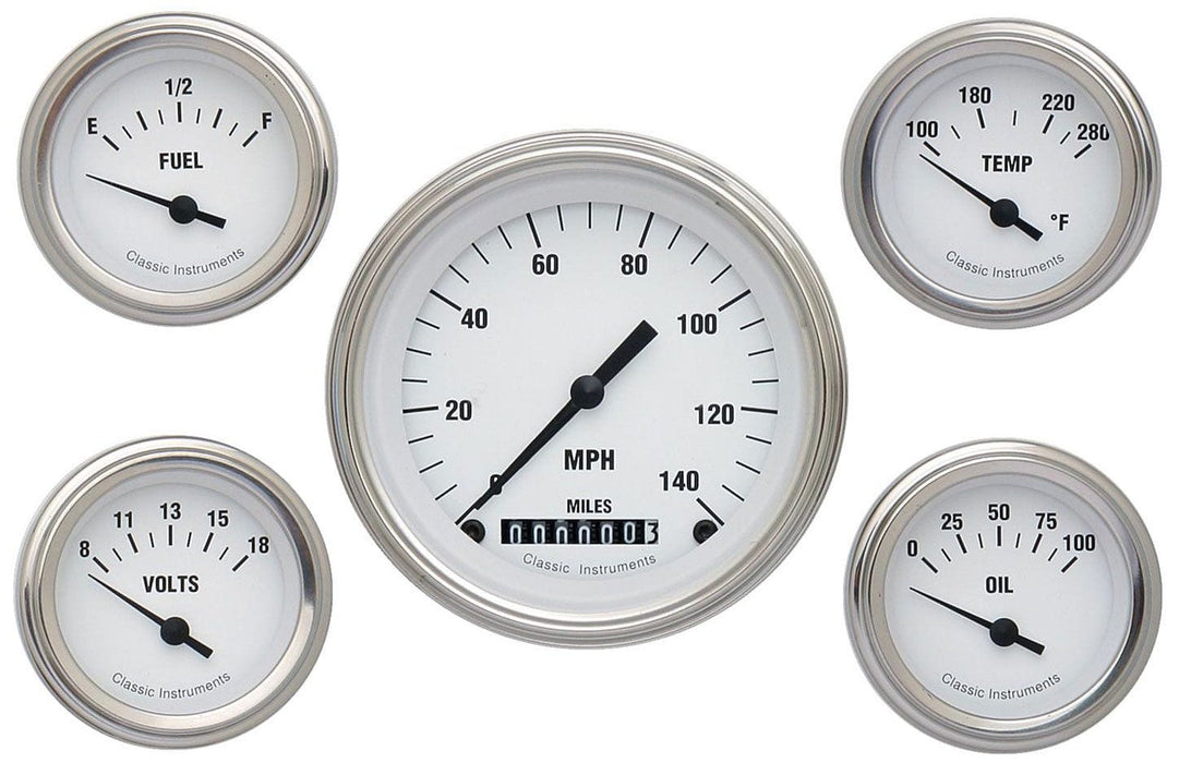 CLASSIC Kit Includes 3-3/8" KPH Speedo With 2-1/8" Accessories Gauges, Curved White Hot 5 Gauge Set CIWH00SLC Autofit
