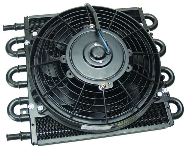 DERALE 11/32" Barb Inlets. 13-5/8" L x 10-1/4" H x 3-5/8" W Derale Dyno-Cool 8 Pass Remote Mount Cooler with Fan DP12742 Autofit