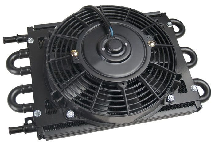 DERALE 11/32" Barb Inlets. 13-5/8" L x 7-5/8" H x 3-5/8" W Derale Dyno-Cool 6 Pass Remote Mount Cooler with Fan DP12740 Autofit