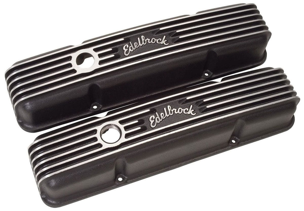 EDELBROCK 1959-86 Small Block Chevy 262-400 with oil fill hole, 3-1/2" overall Classic Aluminium Series Valve Covers - Black Finish ED41443 Autofit