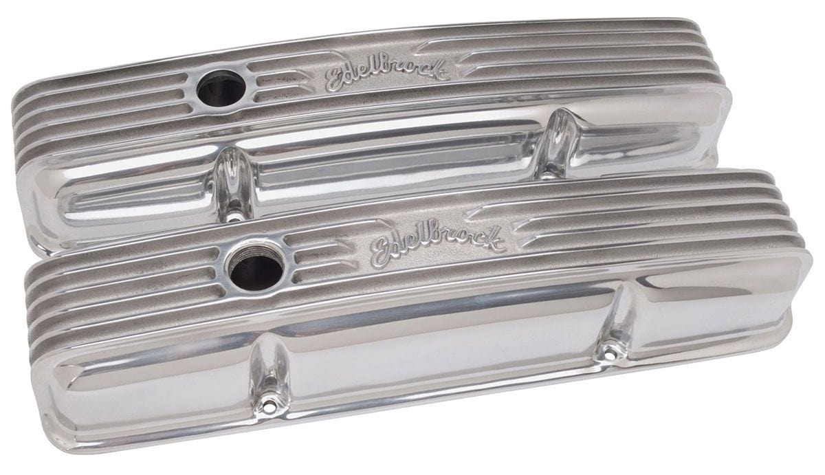 EDELBROCK 1959-86 Small Block Chevy 262-400 with oil fill hole, 3-1/2" overall Classic Aluminium Series Valve Covers - Polished Finish ED4144 Autofit