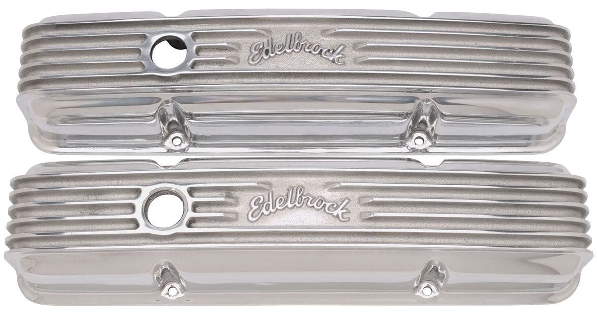 EDELBROCK 1959-86 Small Block Chevy 262-400 with oil fill hole, 3-1/2" overall Classic Aluminium Series Valve Covers - Polished Finish ED4144 Autofit