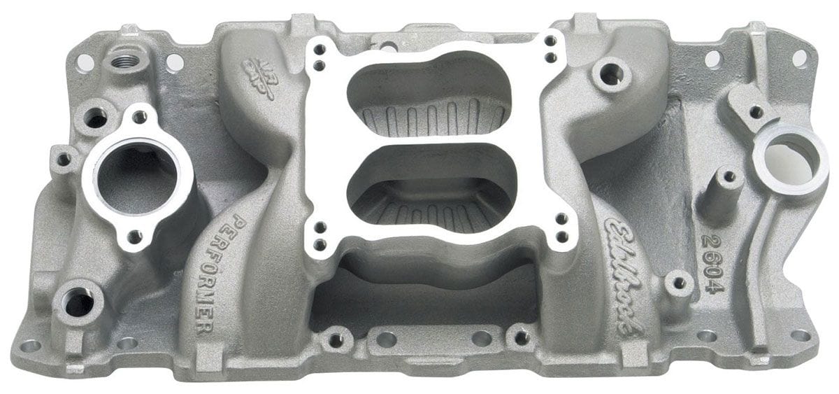 EDELBROCK Small Block Chevy 1987-95 cast iron heads, Idle - 5500 rpm, Dual Plan Performer Air-Gap Intake Manifold ED2604 Autofit