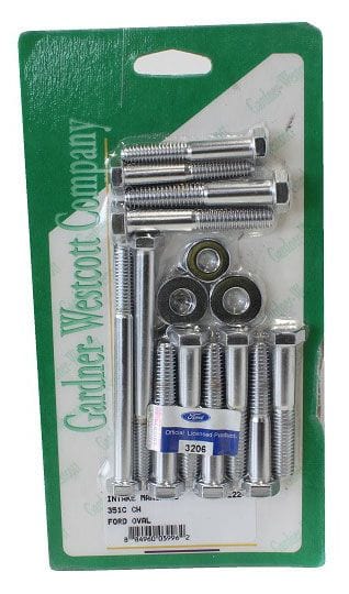 GARDENER Suit Ford 302-351C Intake Manifold Bolt Set, Hex, Chrome with Ford Symbol GW11-56222-H Autofit