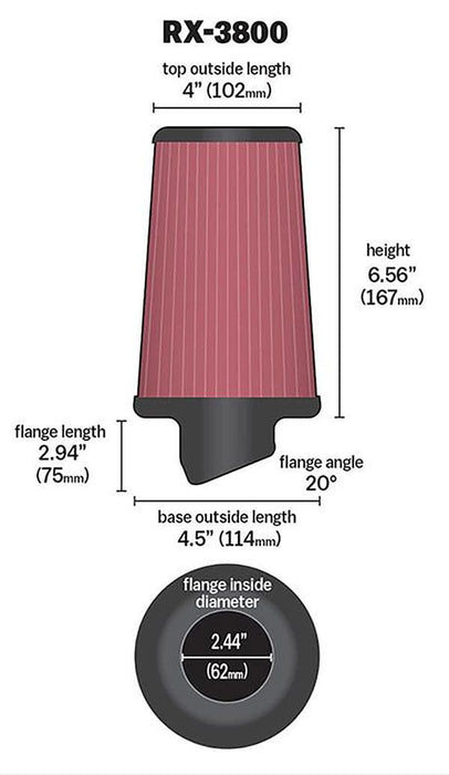 K&N 4 in (102 mm) H x 4.5 in (114 mm) OD - KNRX-3800 K&N X-Stream Universal Clamp On Filter Fits 2.438 in (62 mm) KNRX-3800 Autofit