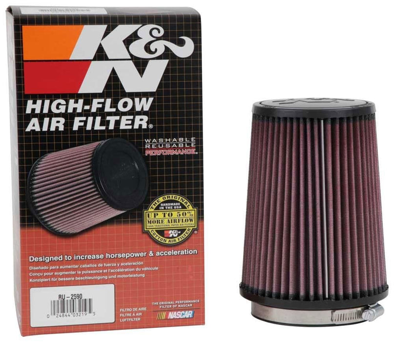 K&N 7 in (178 mm) H x 4.375 in (111 mm) Top OD 5.375 in (137 mm) Base OD - KNRU-2590 K&N Universal Clamp On Round Tapered Filter Fits 4 in (102 mm) KNRU-2590 Autofit