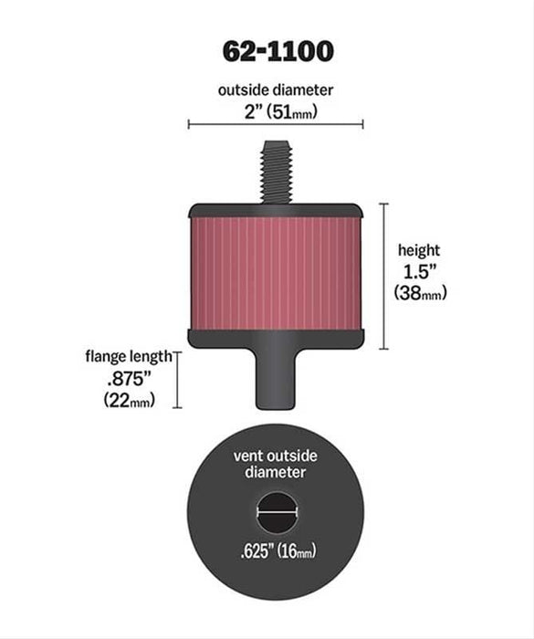 K&N With 1" (25mm) Tube With Stud - KN62-1100 K&N Push-In Vent Filter 2 OD x 1-1/2 H KN62-1100 Autofit