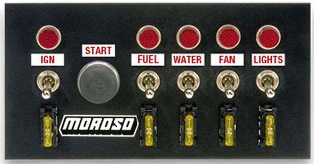 MOROSO Includes: Ignition/Starter Button, Fuel, Water, Fan & Lights Switch Drag Race Switch Panel, 4" x 7.75" MO74131 Autofit