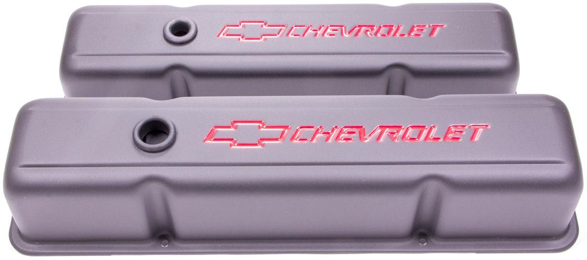 PROFORM Black Crinkle Suit SB Chev With Red Chevrolet Logo & Bowtie Emblem Stamped Steel Tall Valve Covers With Baffle PR141-751 Autofit
