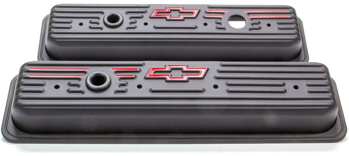 PROFORM Black Suit 86-On SB Chev With Chevrolet Bowtie Emblem Stamped Steel Centerbolt Valve Covers With Baffle PR141-907 Autofit